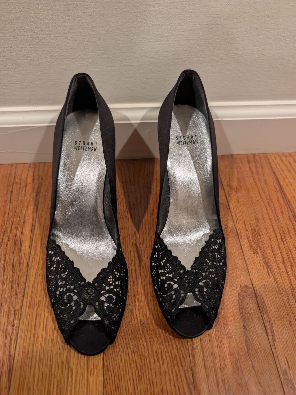 Stuart Weitzman Black Lace Peep-Toe Pumps